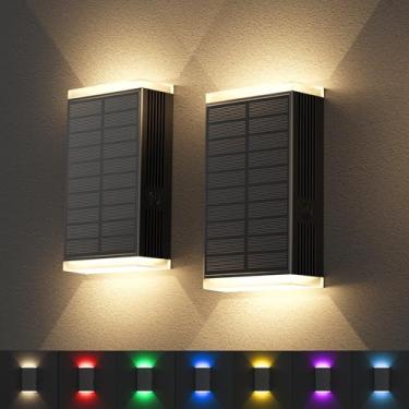 Imagem de Luminária de parede solar para ambientes externos, RGB e branco quente, 8 modos de iluminação do crepúsculo ao amanhecer, arandela IP67 à prova d'água para cima e para baixo, luz solar externa para