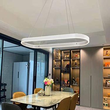 Imagem de Lustre Oval Moderno Regulável com Controle Remoto 60W Luminária de Teto para Sala de Jantar Sala de Estar Escritório Quarto Cozinha Corredor Design Elegante 47" Comprimento