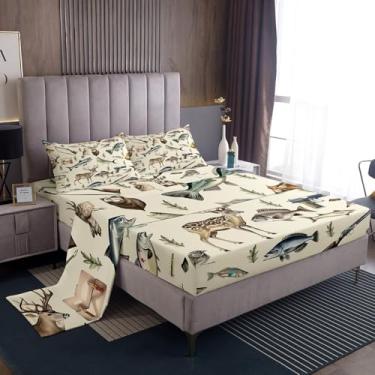 Imagem de Erosebridal Jogo de lençol casal de caça e pesca, caça de veado para crianças, meninos, meninas, peixe lúcio, rústica, cabana rústica, lago, decoração de quarto com 2 fronhas