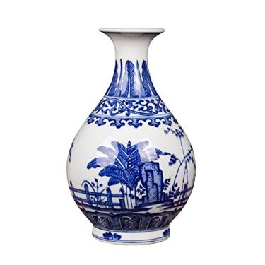 Imagem de CYYHGD Vasos de flores vaso de cerâmica novo pintado à mão vaso de flores de porcelana azul e branco para casa, sala de estar, escritório, decoração de mesa, vasos de arranjos de flores, vaso