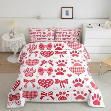 Imagem de Manfei Conjunto de edredom com desenho animado de patas de cachorro, laço vermelho, estilo princesa, para quarto de crianças e adolescentes, conjunto de colcha kawaii com pegada de cachorro, amantes
