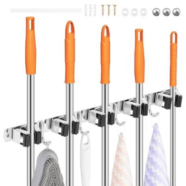 Imagem de Suporte para esfregão e vassoura, organizador de ferramentas de armazenamento de esfregão e vassoura, aço inoxidável, resistente, organizador de ferramentas de cozinha, 5 prateleiras com 4 ganchos