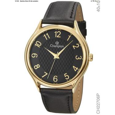 Imagem de Relogio de Pulso Masculino Couro Caixa Dourada Fundo Preto - Champion