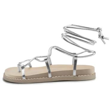 Imagem de Sandália Feminina Papete Flatform Amarrar Perna Confortável Resistente (Prata, BR, Adulto, Numérico, 39)