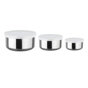 Imagem de Kit Potes Inox Tampas Plásticas 3 Peças Design Moderno Ideal Para Saladas E Guarnições Marmita Térmica Organizador 250ml 400ml 650ml
