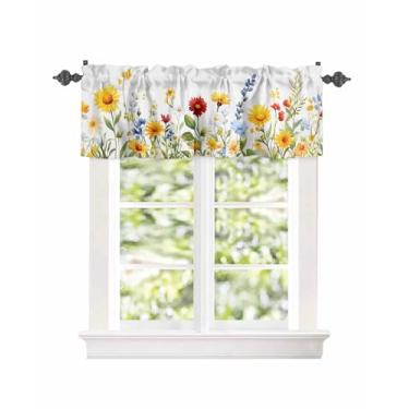 Imagem de Cortinas curtas com bolso para varão de janela verão pastoral amarelo vermelho margarida sanefa para cozinha, cortina botânica verde campo sanefa tratamento de janela para quarto, sala de estar