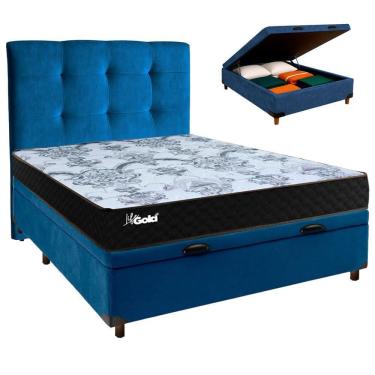 Imagem de Conjunto Cama Box Bau Azul Casal + Colchão Molas Ensacadas Life Gold Paropas + Cabeceira