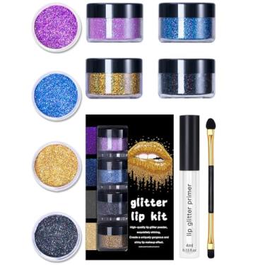 Imagem de LOKFAR Kit de lábios com glitter de 4 cores, diamante brilhante e batom metálico para maquiagem batom brilho labial batom glitter, à prova d'água e de longa duração conjunto de maquiagem labial para arte de unhas labiais (conjunto B cor legal)