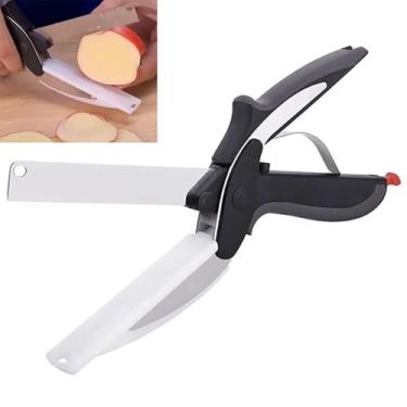 Imagem de Tesouras de talheres pretas, tesouras de cozinha com tábua de corte, tesouras de tábua de cortar para barbante, alimentos, vegetais