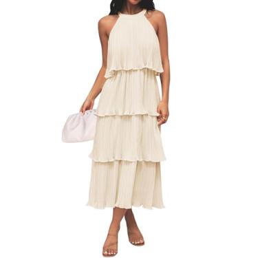 Imagem de ZESICA Vestido midi longo rodado rodado de chiffon rodado sem mangas frente única e babados, Damasco, GG