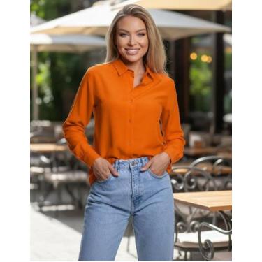 Imagem de Camisa Social Lisa Feminina Manga Longa De Botão Sem Bolso Fresca Leve