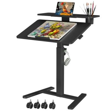 Imagem de Liftsync Mesa com rodinhas de 71 cm, altura ajustável para estação de trabalho de computador pequena, suporte para laptop com mesa inclinável, mesa de estudo portátil de 2 camadas com prateleiras de