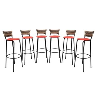 Imagem de Kit 6 Banquetas Altas 80cm Estrutura Preta Encosto Junco Cappuccino Ideal P/Bancada Cozinha Americana Bares Balcão Itagold (Assento Vermelho)