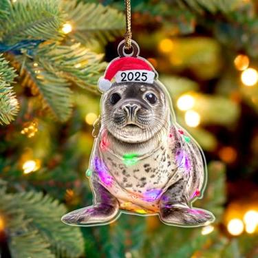 Imagem de Enfeite de Natal com selo de bebê 2025, animais marinhos e oceânicos 9,5 cm (plano 2D) Enfeite de acrílico de dupla face, presente para amantes de focas de bebê, mergulhadores, enfeite de Natal para