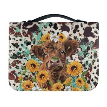 Imagem de PCSJRKG Highland Cattle Bíblia Capa PU Girassol Impresso Livro Capa para Mulheres Meninas Impermeável Transporte Bíblia Estojo com Bolso Interno Acessórios Bíblicos Portáteis, Marrom