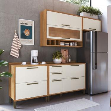 Imagem de Armário de Cozinha com Balcão e Tampo 5 Portas 5 Gavetas Pérola 100% Mdf Vidro Reflecta Amêndoa/Off White - Pnr Móveis