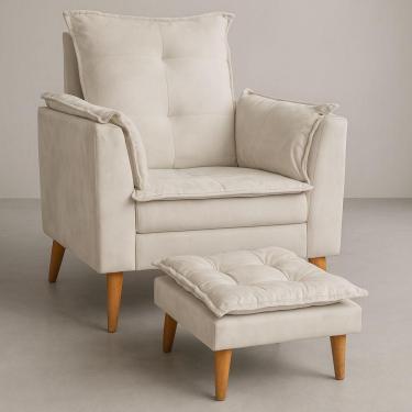 Imagem de Poltrona Amamentação Conforto Com Mini Puff Veludo Premium Bege