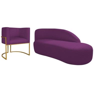 Imagem de Kit Divã Luna 160cm Lado Direito E 01 Poltrona Base De Ferro Dourada Suede Cor Roxo