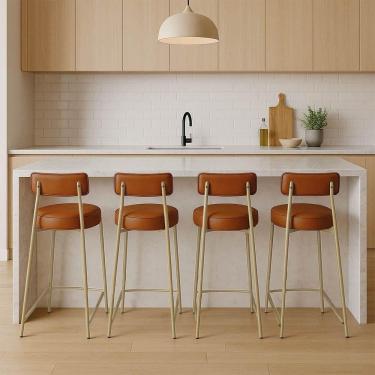 Imagem de Banqueta Cozinha Alta Com Encosto Industrial Champanhe Kit 4 Londres Pu D03 - D`rossi Cor Nozes