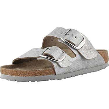 Imagem de Birkenstock Sandália feminina Arizona com fivela grande (39 estreita UE, azul metálico lavado)