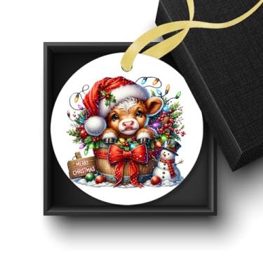 Imagem de Welshower Enfeites de vaca Highland de Natal com laço vermelho, decorações de Natal de vaca das terras altas, novilha fofa para casa de fazenda, férias, inverno, Natal, enfeites decorativos de