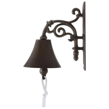 Imagem de LUMINFLY Sino de parede de bronze vintage com corda de puxar, sino de ferro fundido rústico estilo fazenda para decoração interna e externa, bar, varanda, jardim ou entrada de porta