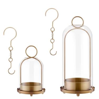Imagem de BUZFOWU Lanternas de suporte de vela, metal e vidro feitos à mão com design estético moderno, suportes de castiçal de pilar de furacão, decorações de mesa ou pendurar conjunto de 2, 13 cm e 11 cm de