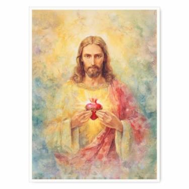 Imagem de Arte de parede do Sagrado Coração de Jesus – Impressão em tela religiosa cristã, pôster de coração sagrado católico, pintura inspiradora de Jesus Cristo para sala de estar ou sala de oração 20 x 30 cm