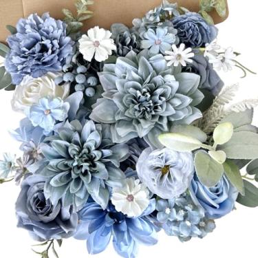 Imagem de Conjunto de caixa de flores artificiais azuis empoeiradas, rosas de seda, dália, com hastes faça você mesmo, buquês de casamento de noiva azul marinho, arranjos florais falsos, arranjos florais para
