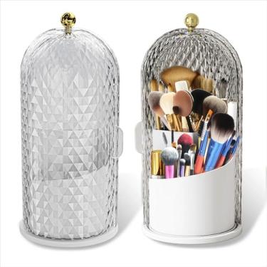 Imagem de Organizador giratório de pincéis de maquiagem 360 com tampa - Suporte multifuncional para escova de dentes com capa para bancada de banheiro - Armazenamento à prova de poeira para pincéis de maquiagem