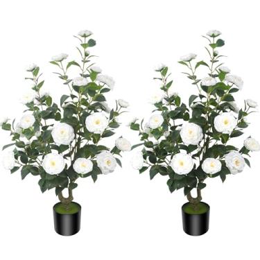 Imagem de HanJoy Pacote com 2 camélias artificiais de 100 cm/3,28 pés com 32 flores brancas em vasos de cimento – árvores falsas realistas para varanda, casa, decoração de primavera interna ao ar livre