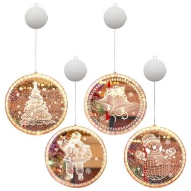 Imagem de Janela de Natal LED se fixa com Papai Noel, boneco de neve, árvore de Natal e sino – Enfeites de ventosa de Natal, círculos de acrílico alimentados por bateria