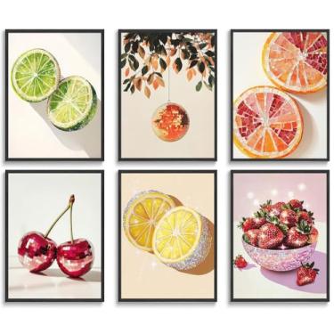 Imagem de 6 peças arte de parede de frutas discotecas laranjas descoladas morango e cereja decoração de parede imagens modernas festa bar carrinho cartazes impressões em tela para sala de estar banheiro meninas