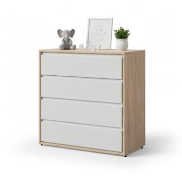 Imagem de Cômoda Infantil 4 Gavetas Sol e Mar Divicar em MDF com Trilhos Telescópicos, Puxadores Usinados e Acabamento Laqueado UV Branco e Amadeirado para Quarto de Bebê Moderno (Branco/Carvalho Treviso)