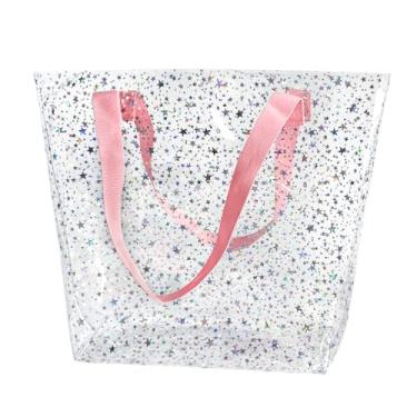 Imagem de TotePrint Sacola holográfica transparente de coração, bolsa de praia à prova d'água com alças rosa, grande 30 x 31 x 11 cm, compatível com TSA, Padrão de estrela holográfica, Large