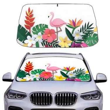 Imagem de Guarda-sol dobrável para para-brisa de carro atualizado 2025 – UV e refletor de calor com haste rotativa de 360°, design flamingo tropical, serve na maioria dos SUVs e caminhões, proteção de 139,7 cm