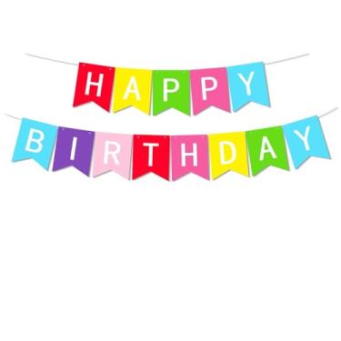 Imagem de Faixa de feliz aniversário arco-íris, decorações coloridas de faixa de feliz aniversário com letras brancas, banners de festa de aniversário coloridos reutilizáveis suprimentos de festa para meninas e