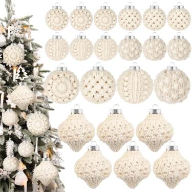 Imagem de Syhood 24 peças de enfeites de Natal de crochê, 5 estilos, 6 cm, 8 cm, enfeites de bola de pinha de Natal tricotados feitos à mão para decoração de festa de árvore de Natal (branco quente)