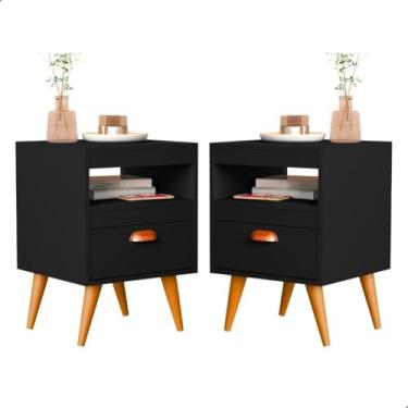 Imagem de Kit 2 Mesa De Cabeceira Para Quarto Com Pés e Gaveta Com Nicho Criado Com 2 Unidades Mesinha Canto (Preto)