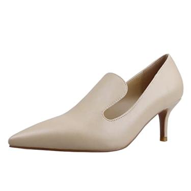 Imagem de LEMUTISME Sapato mocassim feminino elegante bico fino 5 cm confortável sem cadarço salto baixo para trabalho, escritório, negócios, Nude fosco, 41