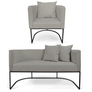 Imagem de Kit 01 Namoradeira 02 Lugares E 01 Poltrona Paola Linho Base Metálica Preto Cor A26 Grafite