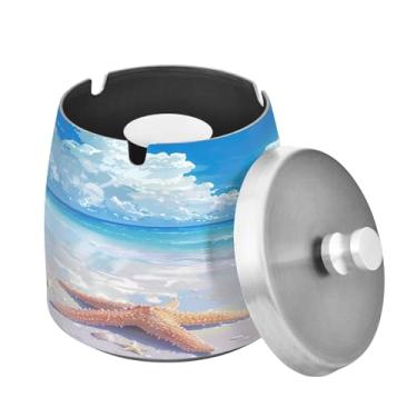 Imagem de Blueangle Lindo cinzeiro de praia tropical com tampa para cigarros, à prova de vento/chuva, aço inoxidável, sem fumaça, inodoro, cinzeiro para uso interno ou externo (593)