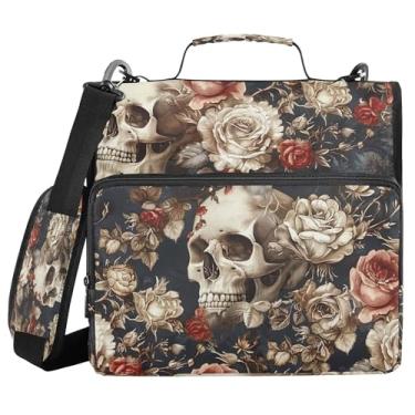 Imagem de SEHANY Fichário com zíper de caveira e flor com alça de ombro, capacidade para 500 folhas, vários bolsos, fichário com 3 anéis e zíper de 3 anéis