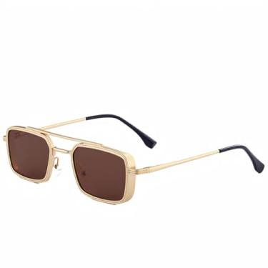 Imagem de JRLLFD Óculos de sol de metal de luxo feminino, armação pequena clássica, óculos de sol para dirigir ao ar livre, UV400 (dourado, marrom)