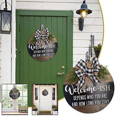 Imagem de Generic Cabide de Porta Frontal de Sinal de Boas-vindas, Fita Xadrez de Búfalo, Design de Eucalipto para Decoração Rústica de Fazenda (#49)