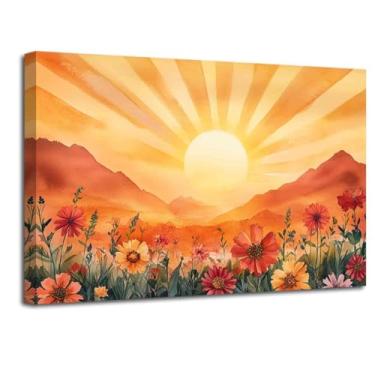 Imagem de LZIMU Boho Sun Wall Art Aquarela Flores Silvestres Imagem Montanhas Nascer do Sol Pôr do Sol Impressão em Tela Abstrata Paisagem Poster Sala de Estar Quarto Decoração (Amarelo, (12C x 18L))