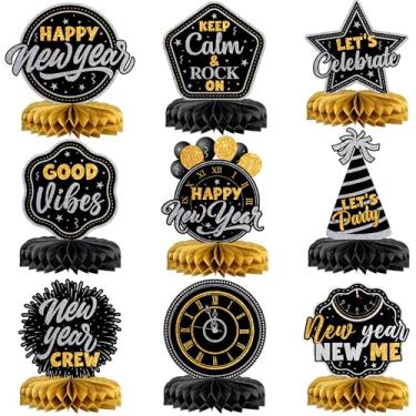 Imagem de KatchOn, Decorações de centro de mesa de colmeia de ano novo - Pacote de 9 | Decorações de feliz ano novo 2024 | Centros de mesa NYE pretos | Toppers de mesa com tema de feliz ano novo 3D | Artigos de