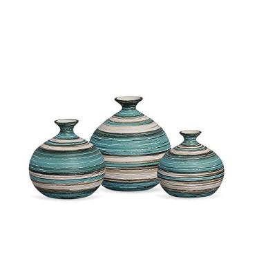 Imagem de Trio Vaso Maia Decoração em Cerâmica Azul e Palha Marrakesh