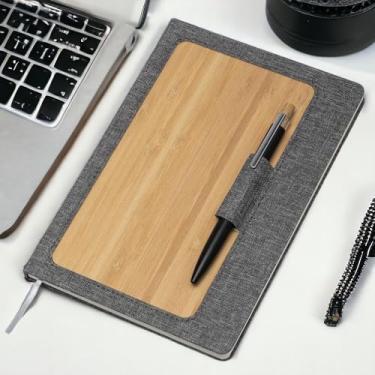 Imagem de Caderno Capa Dura em Bambu com Suporte de Caneta Cinza – 80 Folhas Pautadas – Ecológico, Durável e Elegante para Estudos, Trabalho e Presentes