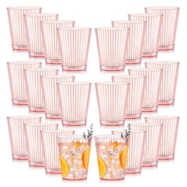 Imagem de 24 peças de copos de plástico com nervuras rosa 283 g inquebrável vintage ondulado sem haste copos de vinho copos de vidro descartáveis retrô copos para dia dos namorados chá de bebê casamento